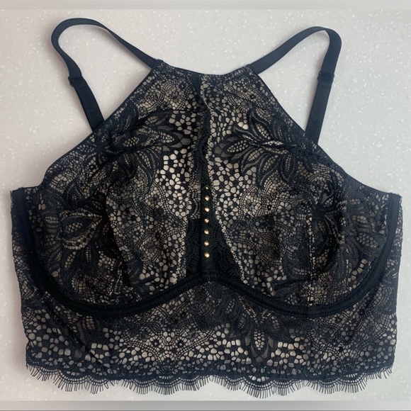 Victoria's Secret sheer lace halter bra, black w/ nude mesh lining, sz M, NWOT - Picture 1 of 6